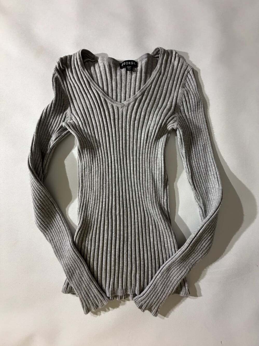 George XS Gray Ribbed Knit Top Long Sleeve Scoop Neck Stretchy Coquette